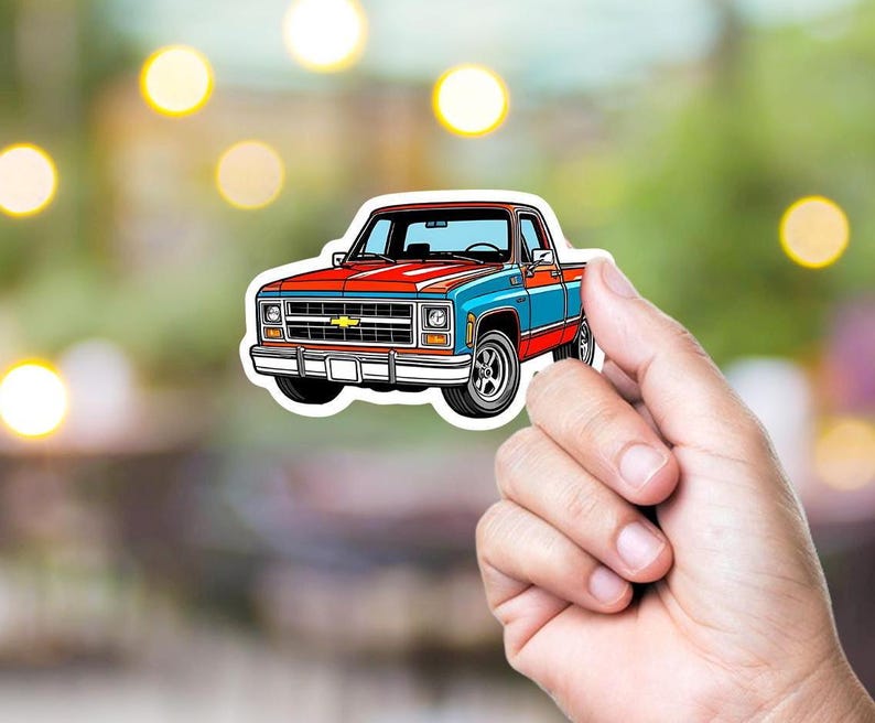 Square Body Chevy Die Cut Sticker on Premium Waterproof Vinyl with UV Gloss Held in Hand