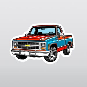 Square Body Chevy Die Cut Sticker on Premium Waterproof Vinyl with UV Gloss Lamination on Gray Background