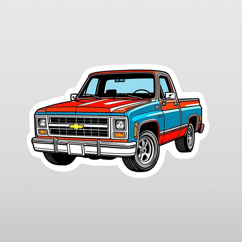 Square Body Chevy Die Cut Sticker on Premium Waterproof Vinyl with UV Gloss Lamination on Gray Background