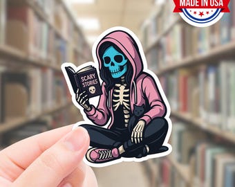 Masked Woman Book Reading Stickers - Waterproof Vinyl Decal of Skeleton Girl in Pink Hoody
