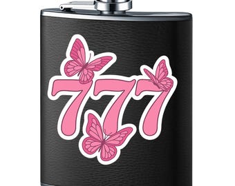 777 Lucky Girl Stickers - Waterproof Vinyl Decal in Pink With Butterflys