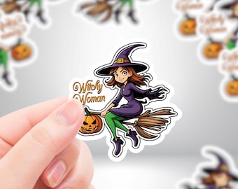 Witch Woman Halloween Sticker - Witch on A Broomstick Flying