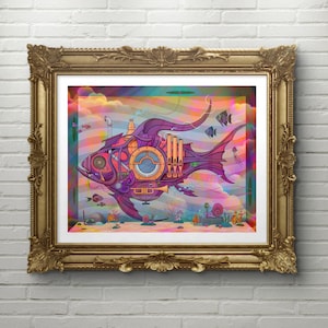 Musical Fish - Art Print - Psychedelic Musical Fish Swimming through the Sea - Trippy Art 8x10 in.