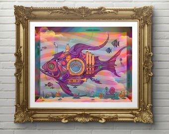 Musical Fish - Art Print - Psychedelic Musical Fish Swimming through the Sea - Trippy Art 8x10 in.