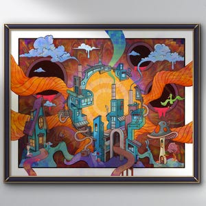 May include: A framed, colorful illustration of a whimsical cityscape. The artwork features a central sun, surrounded by buildings in shades of blue and teal, with orange, brown, and purple accents. Clouds and mushroom-shaped structures add to the surreal theme.