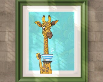 High Tea - Art Print - Whimsical Giraffe Drinking Tea