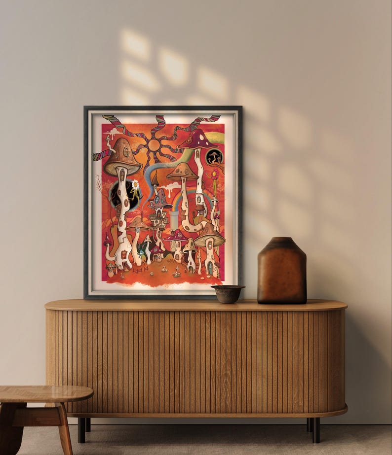Psychedelic Mushroom Village Art Print / Fantasy Shroom Hamlet Wall ...