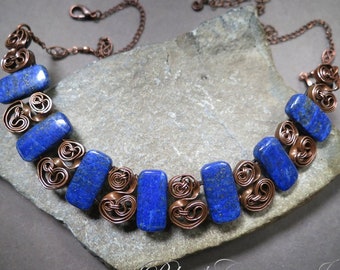 Lapis Lazuli bib necklace, blue gemstone, oxidized solid copper wire, chain, artisan jewelry, wirewrapped, handcrafted,  Victorian, Medieval