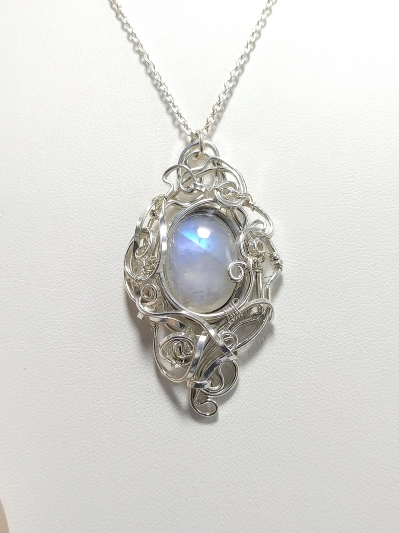 Rainbow Moonstone Pendant, 925 sterling silver solid wire, chain, handmade fantasy pendant, magic, wirewrapped artisan jewelry, handcrafted. image 6