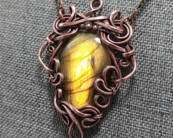 Yellow Labradorite Dark Copper Fantasy, Wood Elf, Fairy Pendant wirewrapped, solid copper wire and chain, handcrafted, artisan, Art Nouveau.