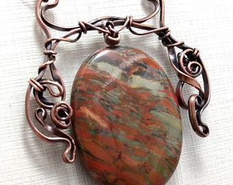 Large Oval Picai Jasper Copper pendant wirewrapped, oxidized, solid copper wire, chain, artisan jewelry, natural red gemstone, art nouveau