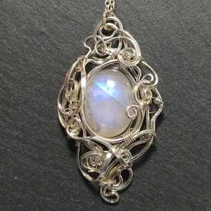 Rainbow Moonstone Pendant, 925 sterling silver solid wire, chain, handmade fantasy pendant, magic, wirewrapped artisan jewelry, handcrafted. image 8