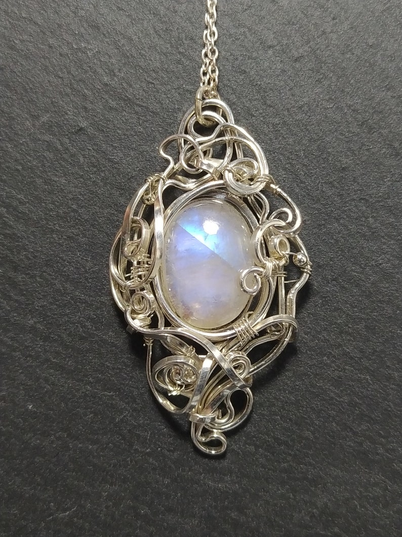 Rainbow Moonstone Pendant, 925 sterling silver solid wire, chain, handmade fantasy pendant, magic, wirewrapped artisan jewelry, handcrafted. image 8