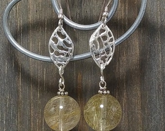 Rutilated Gold Quartz Round Gemstone Beads Sterling Silver earrings, silver leafs, honey yellow, gold inclusions, sterling silver ear wires.