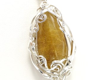 Golden Rutilated Quartz (with Gold Inclusions) and Sterling Silver Wire Pendant, natural gemstone, large, honey yellow, teardrop