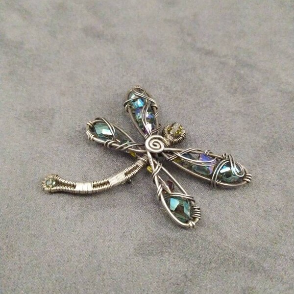 Dragonfly Brooch, Antiqued Sterling Silver, artisan jewelry, wirewrapped