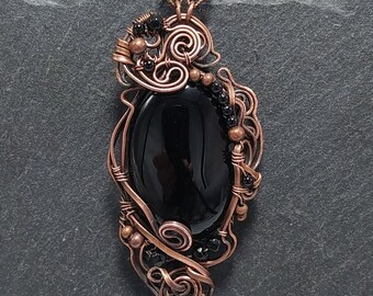 Black Onyx, solid copper large pendant, wire wrapped, solid copper chain, Art Nouveau, artisan fantasy jewelry, cosplay, asymmetrical design