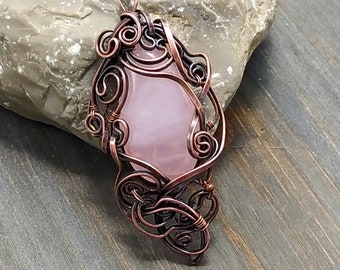 Rose Quartz pendant, oxidized and polished solid copper wire, chain, handcrafted artisan jewelry, wirewrapped, pink gemstone, fantasy, fairy