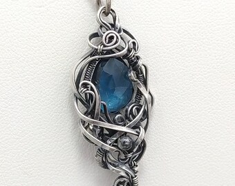 Blue Topaz Small Pendant - sterling silver wire wrapped, London blue faceted natural gemstone