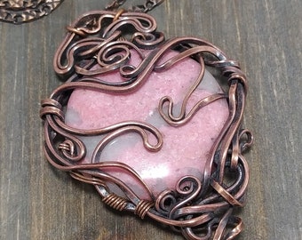 Pink Rodonite Pendant, solid copper wire, handmade wirewrapped, fantasy cosplay, fairy goddess, elves elvish, natural gemstone, art nouveau