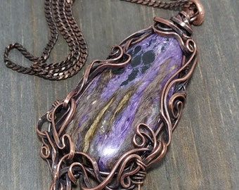 Purple Charoite Pendant, large teardrop cabochon, solid copper wire, handmade intricate wirewrapping, natural gemstone, art nouveau style