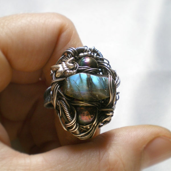 Large Labradorite Ring - Sterling Silver Wirewrapped