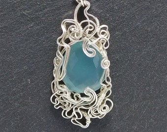 Blue Chalcedony Pendant - bright sterling silver wire with faceted natural gemstone - medium size, Art Nouveau, fantasy, mermaid princess