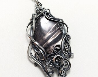 Hypersthene and Dark Sterling Silver Pendant, black gemstone teardrop with stripes, Art Nouveau, silver grey flash, shine, fire, wirewrapped