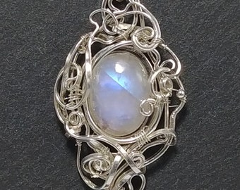 Rainbow Moonstone Pendant, 925 sterling silver solid wire, chain, handmade fantasy pendant, magic, wirewrapped artisan jewelry, handcrafted.