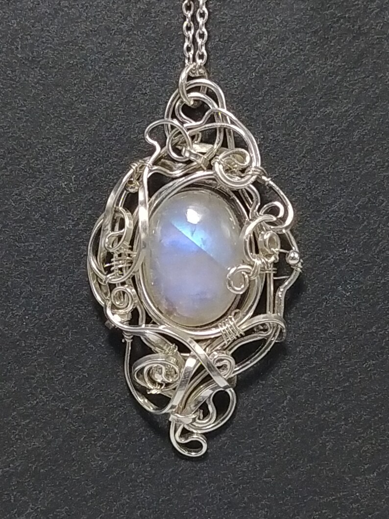 Rainbow Moonstone Pendant, 925 sterling silver solid wire, chain, handmade fantasy pendant, magic, wirewrapped artisan jewelry, handcrafted. image 1