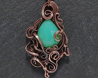 Tiny Green Chrysoprase pendant, natural gemstone, oxidized solid copper wire, chain, artisan jewelry, wirewrapped, handcrafted, Art Nouveau