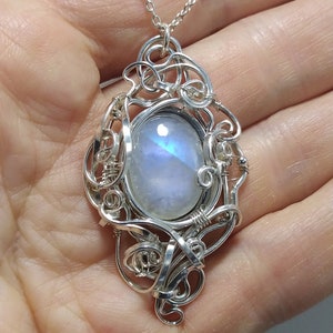 Rainbow Moonstone Pendant, 925 sterling silver solid wire, chain, handmade fantasy pendant, magic, wirewrapped artisan jewelry, handcrafted. image 5