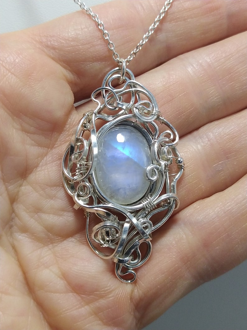 Rainbow Moonstone Pendant, 925 sterling silver solid wire, chain, handmade fantasy pendant, magic, wirewrapped artisan jewelry, handcrafted. image 5