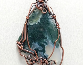 Moss Agate and Copper Pendant, Art Nouveau