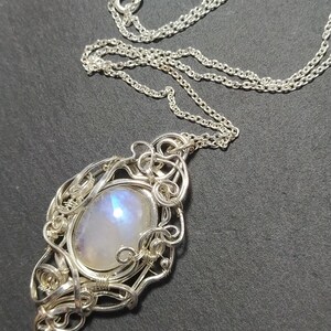 Rainbow Moonstone Pendant, 925 sterling silver solid wire, chain, handmade fantasy pendant, magic, wirewrapped artisan jewelry, handcrafted. image 2