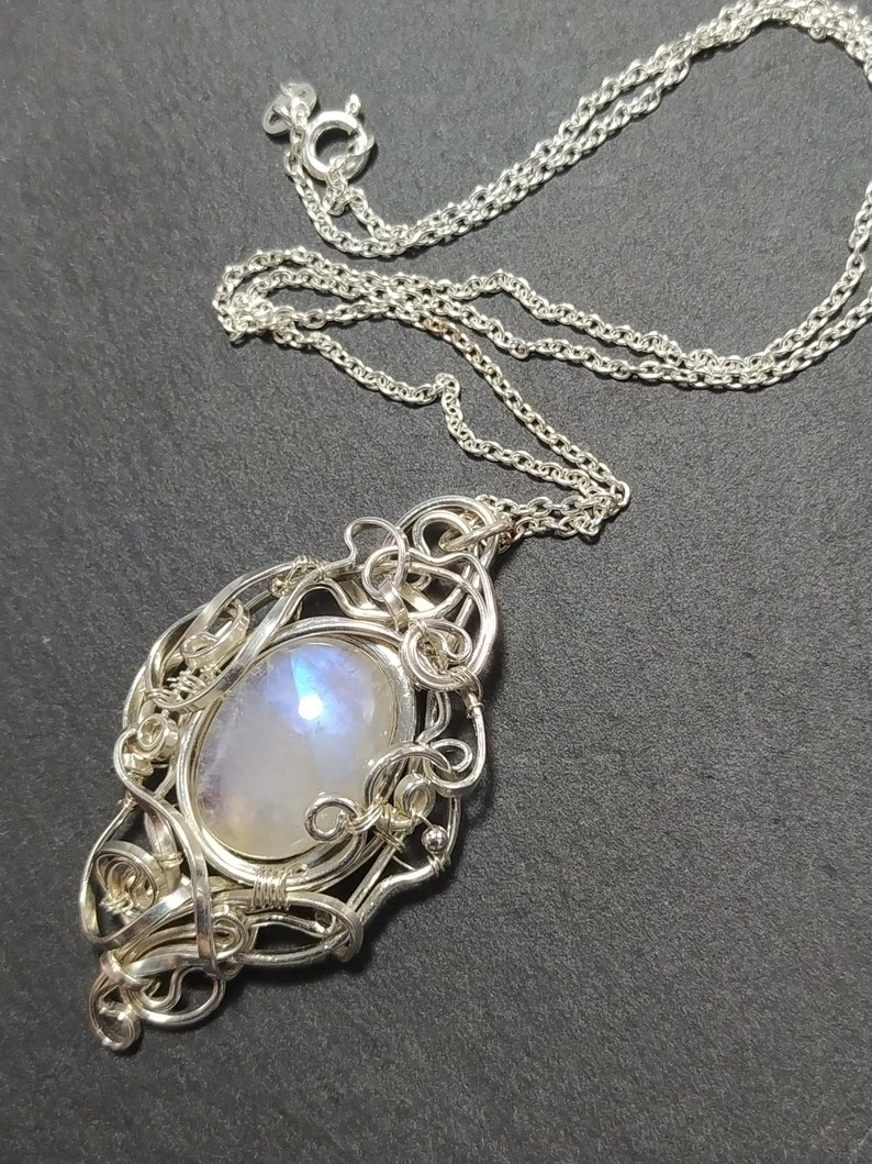 Rainbow Moonstone Pendant, 925 sterling silver solid wire, chain, handmade fantasy pendant, magic, wirewrapped artisan jewelry, handcrafted. image 2