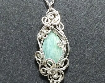 Blue Green Amazonite pendant, solid 925 sterling silver wire, chain, handmade, wire wrapped artisan jewelry, fantasy fairy necklace, elven.