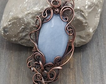 Baby blue Angelite and copper pendant, wire wrapped, solid copper chain, Art Nouveau, artisan fantasy jewelry, cosplay, asymmetrical design