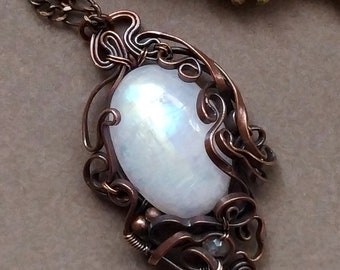 Tiny Rainbow Moonstone Pendant, solid copper wire, chain, oxidised and polished, handmade fantasy pendant, magic wirewrapped artisan jewelry