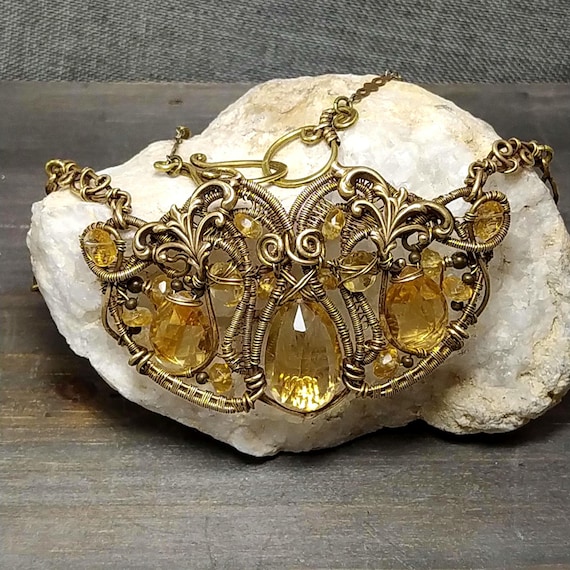 Citrine Art Nouveau Necklace: Wire Wrapped Brass, Faceted  display picture 3