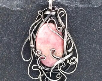 Rhodochrosite Pendant, natural pink gemstone, oxidized and polished solid 925 silver wire, chain, artisan jewelry, wirewrapped, handcrafted.