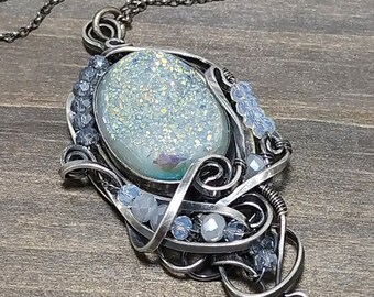 Druzy Pendant, 925 oxidized and polished solid silver wire and chain, tiny AB crystals, handmade, wire-wrapped, Art Nouveau, Fantasy, Magic.