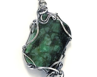 Large Green Emerald in Matrix and Sterling Silver Pendant, oxidized, polished solid 925 sliver wire, chain, handcrafted artisan jewelry.