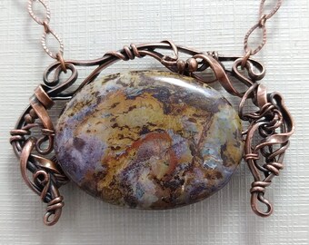 Large Oval Rainbow Jasper pendant, wirewrapped, oxidized solid copper wire, artisan jewelry, natural multicolored gemstone, Art Nouveau.