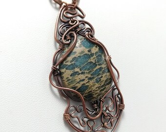 Teal Ocean Jasper and Copper Pendant, oxidized polished solid copper, handmade artisan jewelry wire wrapped, blue and turquoise, beige veins