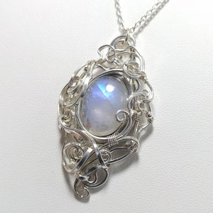 Rainbow Moonstone Pendant, 925 sterling silver solid wire, chain, handmade fantasy pendant, magic, wirewrapped artisan jewelry, handcrafted. image 3