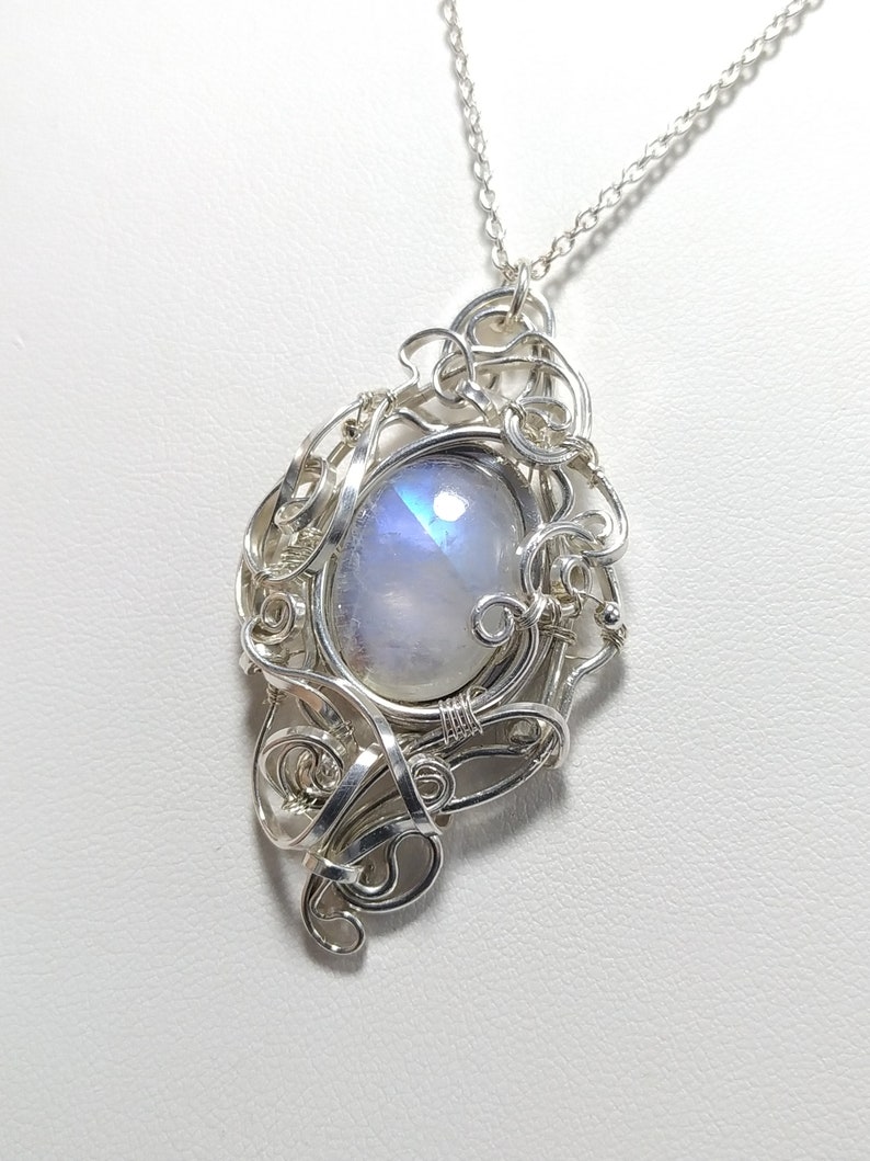 Rainbow Moonstone Pendant, 925 sterling silver solid wire, chain, handmade fantasy pendant, magic, wirewrapped artisan jewelry, handcrafted. image 3