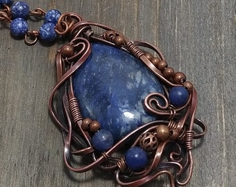 Navy Blue Natural Gemstone Dumortierite and Solid Copper Pendant, Art Nouveau style, Teardrop, Sodalite Beads, wire-wrapped, elegant, fancy