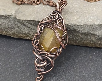 Olive Green Raw Tourmaline Pendant, solid copper wire, handmade, wirewrapped, genuine natural gemstone, art nouveau style, antique look