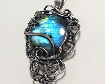 Large Bright Blue Labradorite and 925 Dark Sterling Silver Pendant wirewrapped artisan jewelry, Art Nouveau fantasy, elvish, fairy, princess